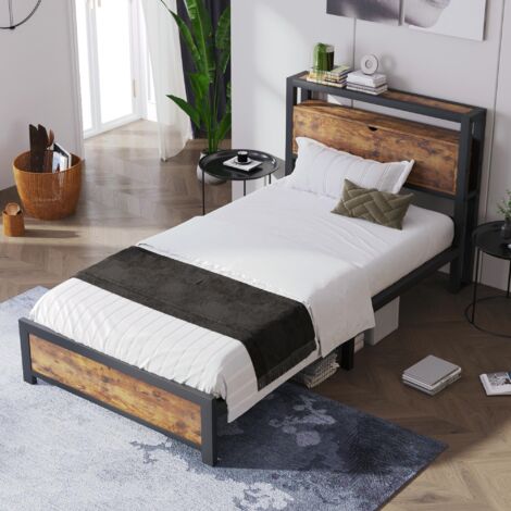 Lit simple en métal 90x200cm - Lit ado avec tête de lit rangement et piètement en métal, style industriel - noir