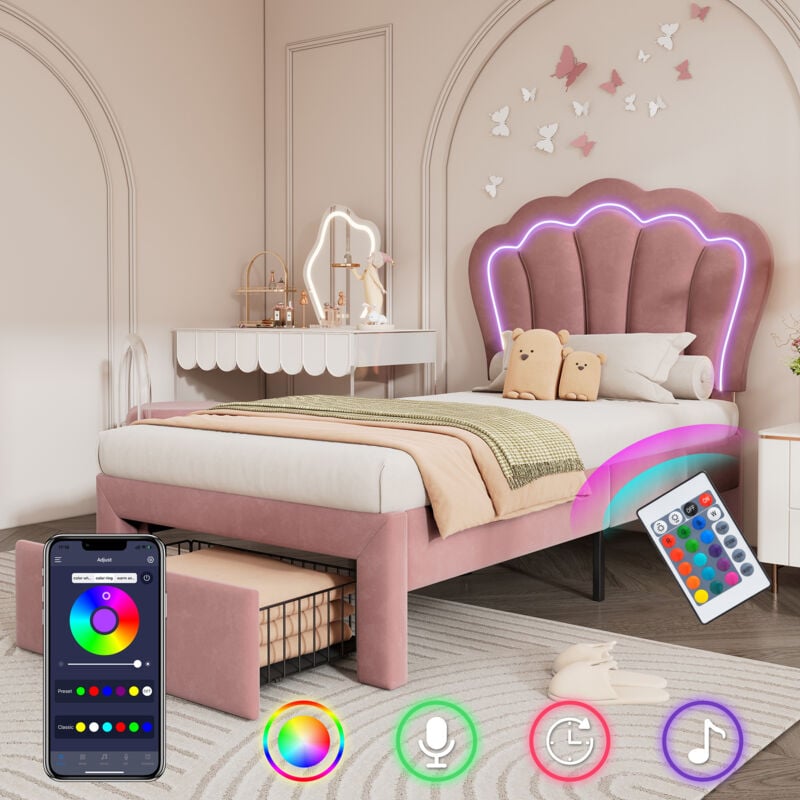 Modernluxe - Lit 90x200 cm en velours avec tiroirs et led de contrôle app - Rose