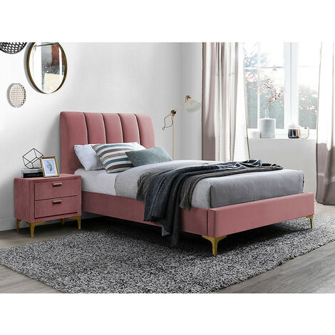 Lit simple en velours avec un sommier - Rose - Pieds en métal dorée - L 200 x l 90 cm - Livraison gratuite