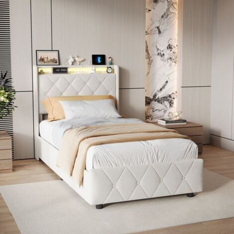 Lit simple enfant 90x200 cm avec LED et 2 tiroirs - Cadre de lit - Lit adolescents - Tête de lit capitonne - Sommier inclus - Beige