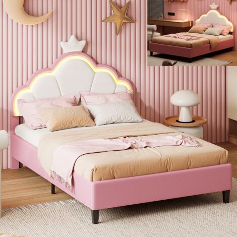 Lit simple enfant 90x200 cm avec tête de lit en couronne, Lit fille princesse avec LED réglable et sommier à lattes, Tissu en velours, Rose, sans Matelas