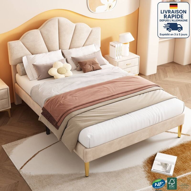 Lit double enfant 140x190 cm, tête de lit réglable en hauteur, pieds dorés, velours, sans matelas, beige
