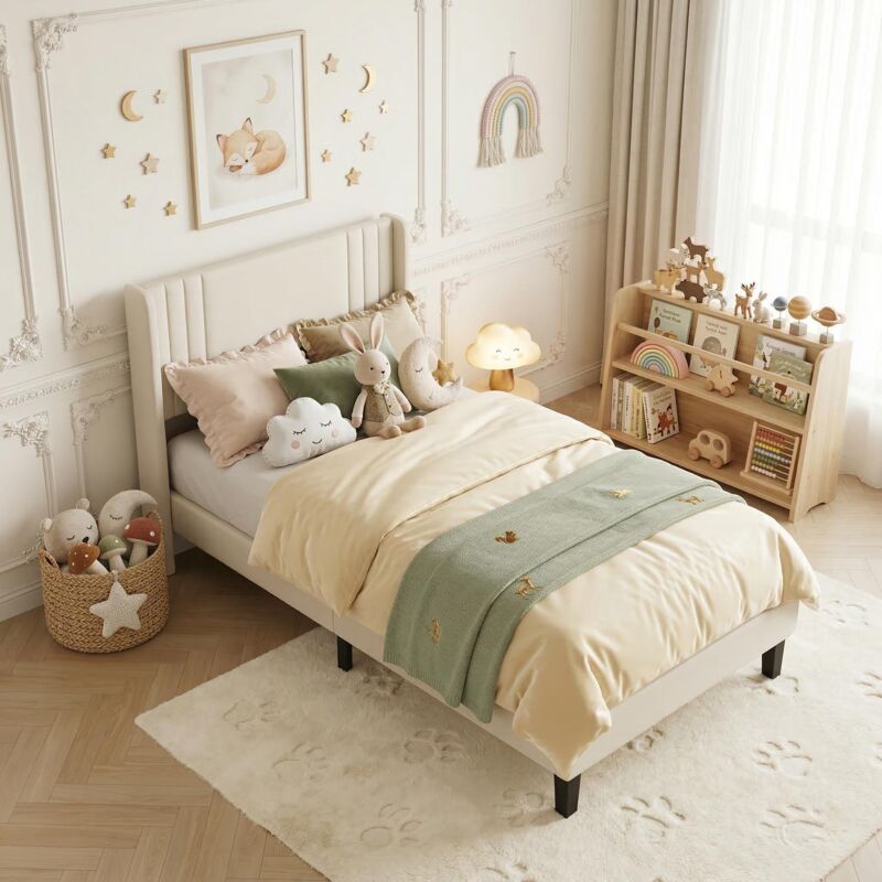 Lit Simple enfant 90x200 cm, tissu en lin, tête de lit côtelée, lattes en bois et cadre en métal, style scandinave, Beige