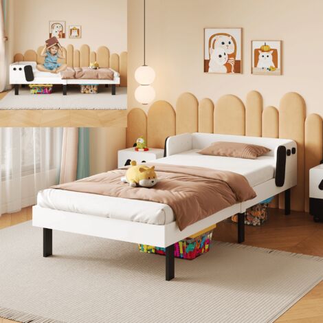 Lit simple enfant 90x200, lit en bois massif, forme chiot, sommier à lattes, blanc
