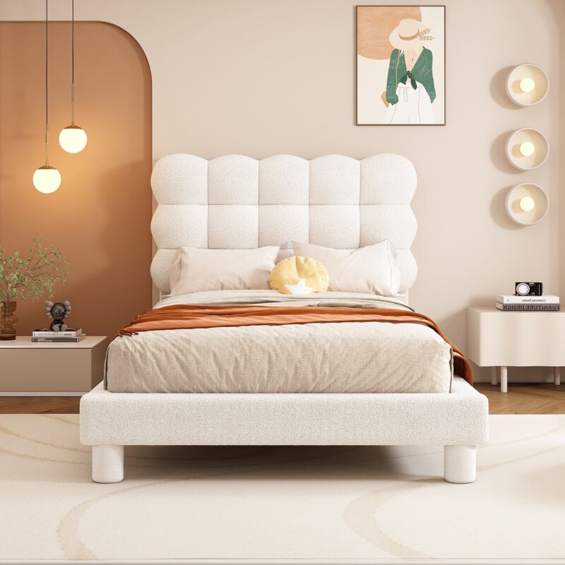 Lit simple enfant 90x200cm avec tête de lit capitonnée réglable, sommier à lattes, lit plat, lit enfant, style contemporain, Blanc