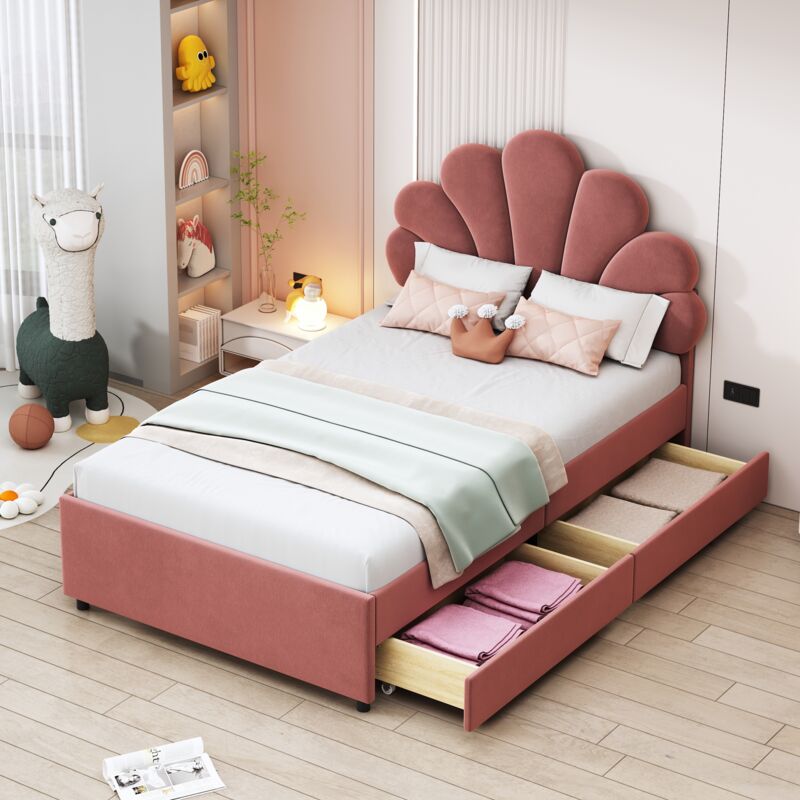Lit simple avec tiroirs 90x200cm, lit princesse avec 2 tiroirs, cadre de lit, sommier à lattes, tête de lit en forme de pétale, lit capitonné,