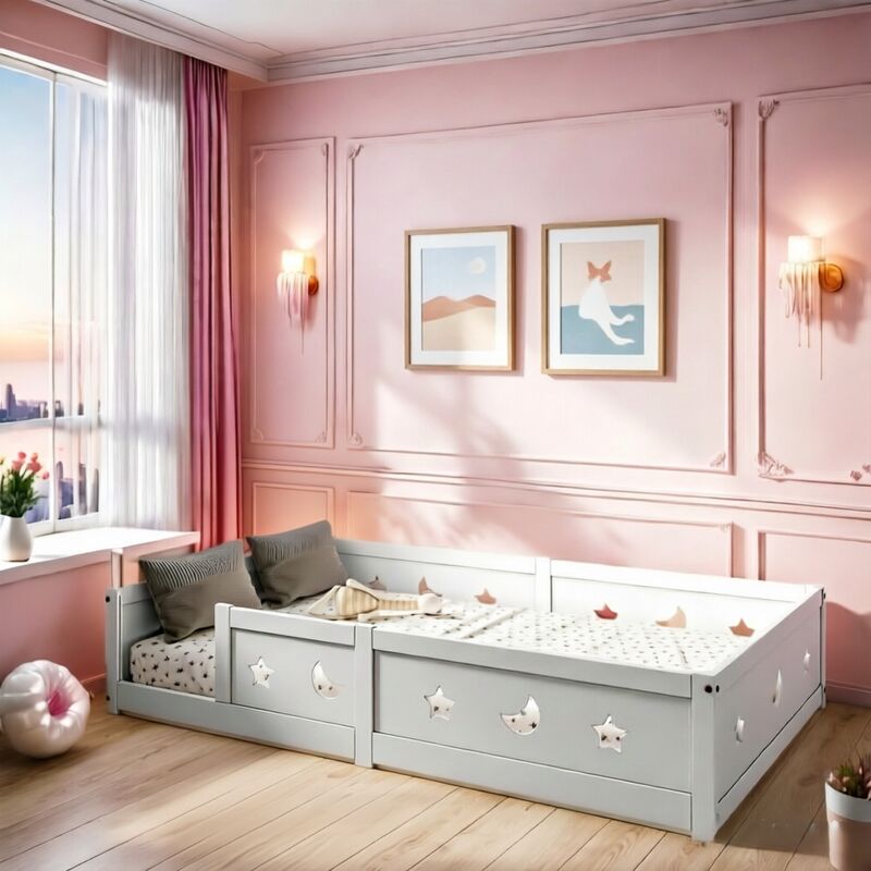 Lit simple enfant au sol 120 x 200 cm–Avec sommier et barrières de sécurité–Bois de pin massif–Peintures de sécurité–Motif étoiles et lune–Blanc