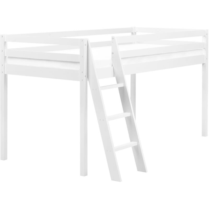 Lit Simple Enfant Mi-Hauteur en Bois de Pin 90 x 200 cm avec Sommier à Lattes Blanc Ascoux