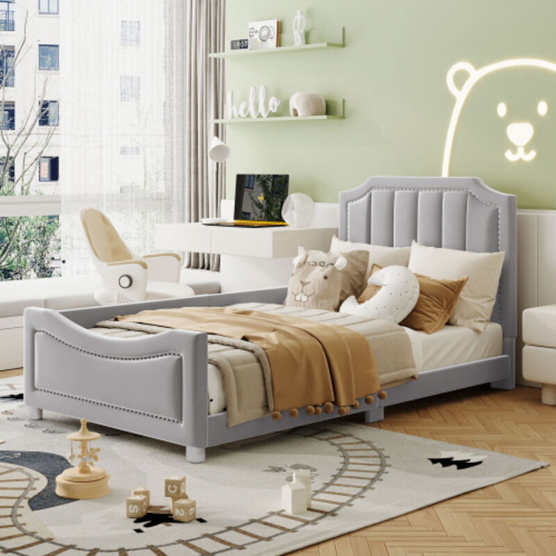 Wishdor - Lit simple enfant capitonné 90 x 200 cm avec dossier et accoudoir, cadre en flanelle, gris