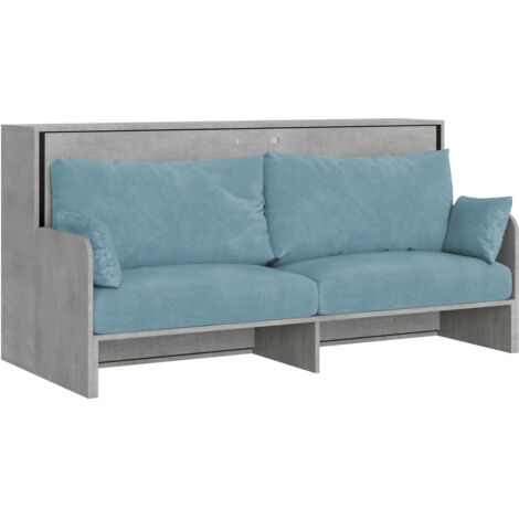 Lit simple escamotable Kando avec canapé et matelas en ciment, bleu