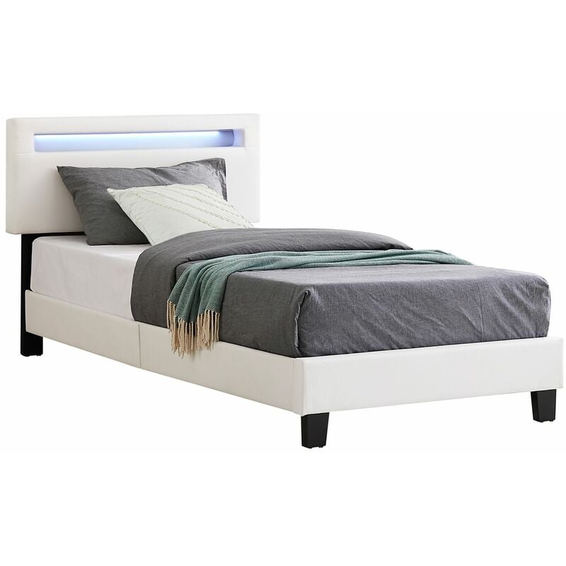 Lit led simple 90x190 cm avec sommier, tête de lit réglable en hauteur, en synthétique blanc, evan - Blanc