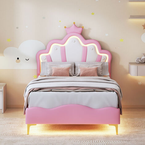 Lit simple fille 90x200 cm, lit enfant 90x200 cm, lit fille princesse avec LED, tête de lit avec forme de pétale et couronne, rose, PU