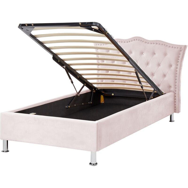 Beliani - Lit Simple Glamour avec Espace Rangement 90 x 200 cm en Velours Rose Pastel Metz - Rose