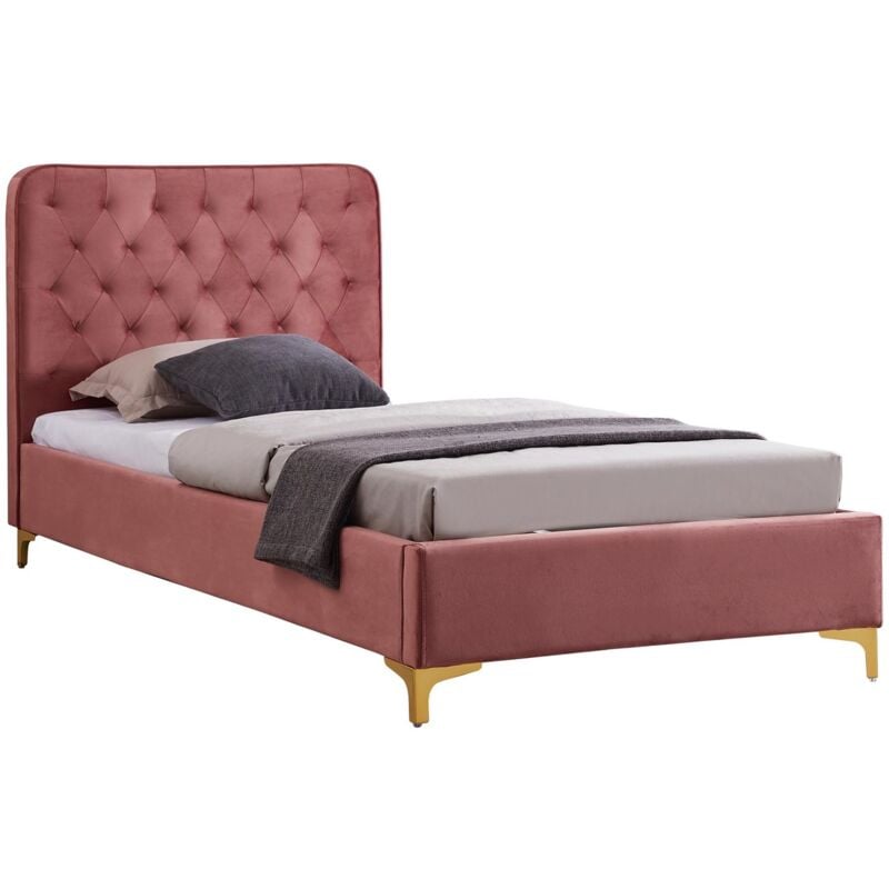 Idimex - Lit simple glamour couchage 90x190 cm, avec sommier et pieds en métal doré, style baroque, revêtement en velours capitonné rose - Rose
