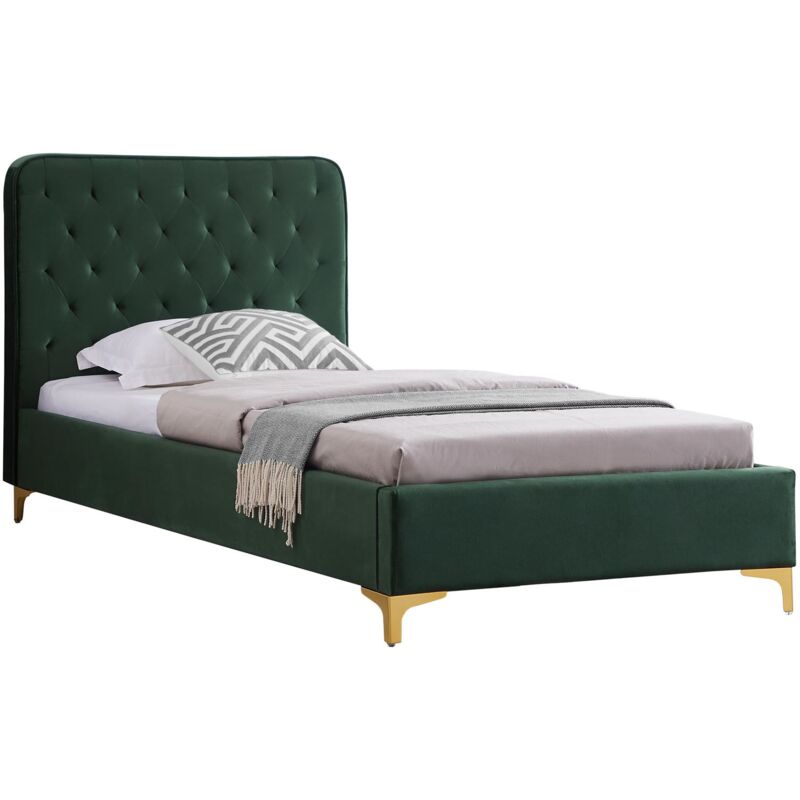 Idimex - Lit simple glamour couchage 90x190 cm, avec sommier et pieds en métal doré, style baroque, revêtement en velours capitonné vert - Vert