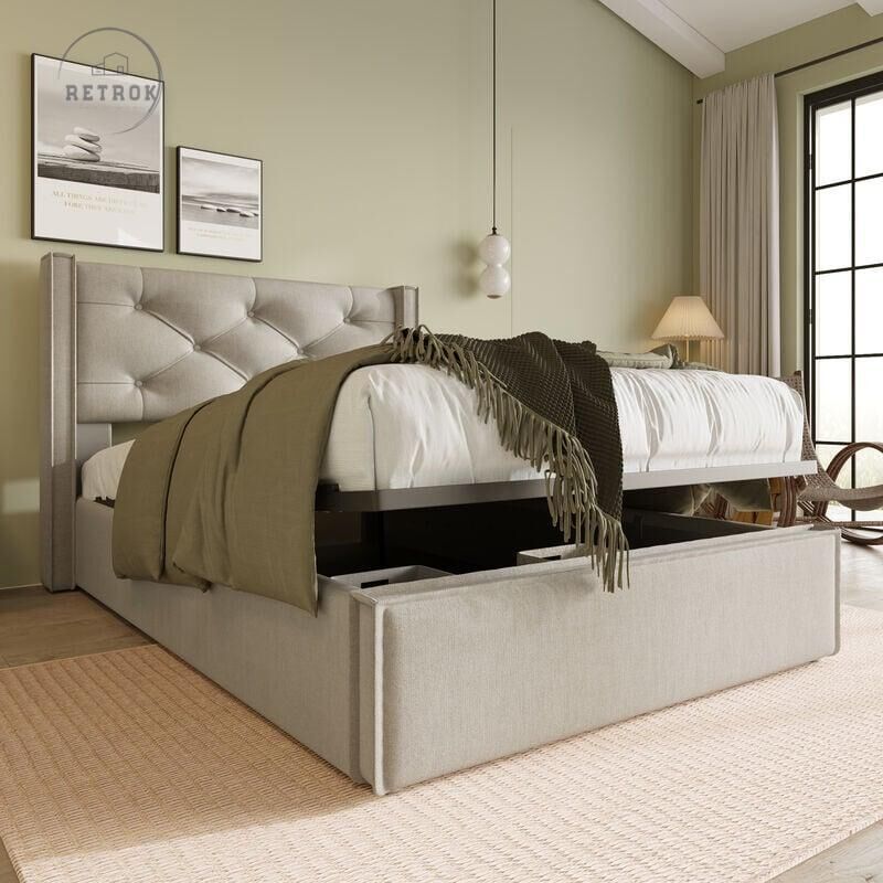 Retrok - Lit coffre 90 x 200 cm - avec sommier à lattes, structure métal, coton, lit capitonné adulte - Beige