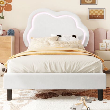 FORTUNA LAI Lit simple LED 90x200cm - lit enfant avec sommier à lattes et tête de lit réglable en nuage - velours, minimaliste, beige