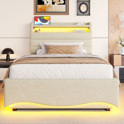 Lit simple-LED intégré-hydroélevable-USB/Type-C-rangement-tablettes-lin beige-sans matelas-91x212x110cm-Sans Matelas