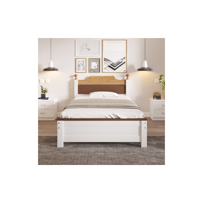 Lit simple, lit en bois, cadre en pin avec pied moyen, lit pour jeunes, lit pour adultes avec tête de lit MDF et repose - pieds, couleur collage,