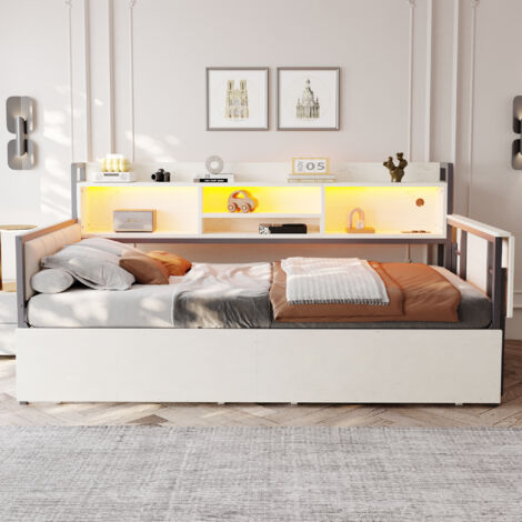 Lit simple-Lit en fer 90 x 200 cm-avec éclairage LED et bureau rabattable-blanc