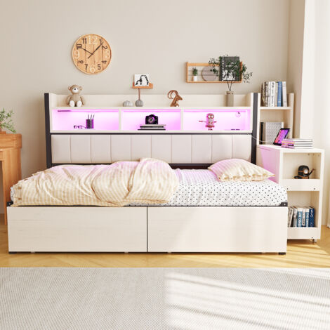 Lit simple-Lit en fer 90 x 200 cm, avec prises multifonctions , éclairage LED et d'un bureau coulissant, blanc