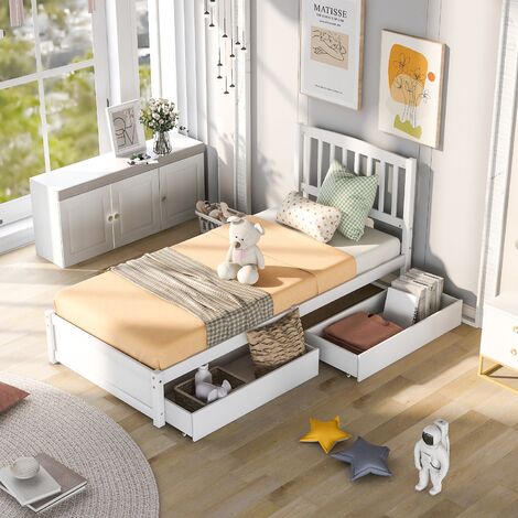 Lit simple lit en pin massif 90x200 avec 2 tiroirs, tête de lit et sommier à lattes lit d'adolescent lit d'invité blanc