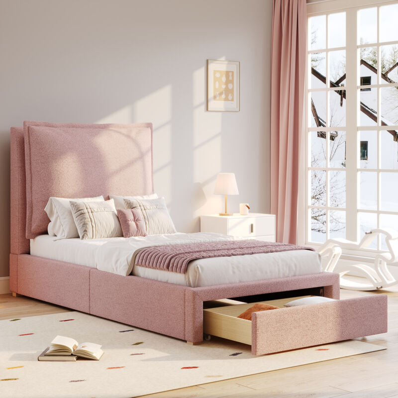 Lit simple - lit enfant 90 x 200 cm - avec sommier à lattes - tête de lit et grand espace de rangement-chenille-rose