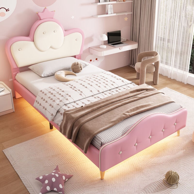 Wishdor - Lit simple Lit enfant capitonné 90 x 200 cm avec bande led, tête de lit avec couronne, pu, rose et blanc