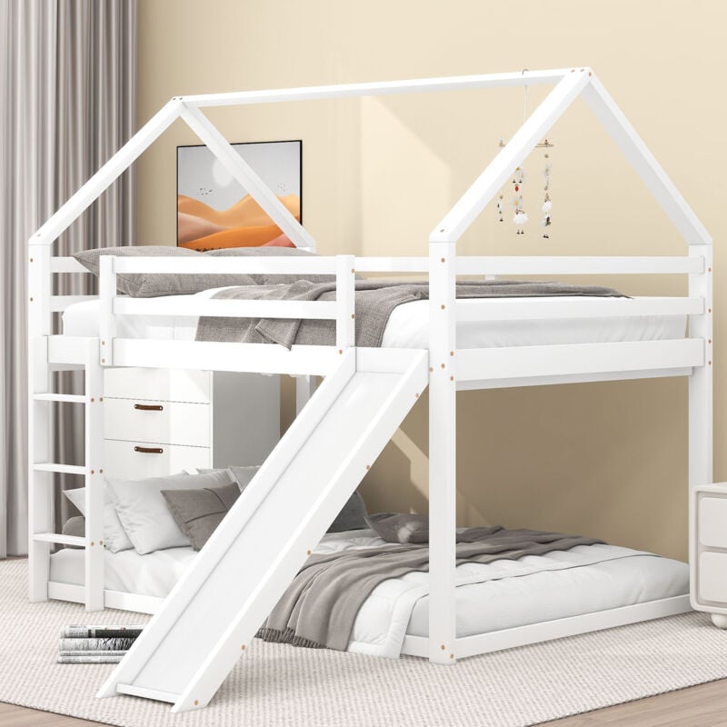 Lit double lit enfant lit maison lit superposé avec toboggan et échelle, chambre d'enfant lit superposé double haut, blanc, 140x200cm