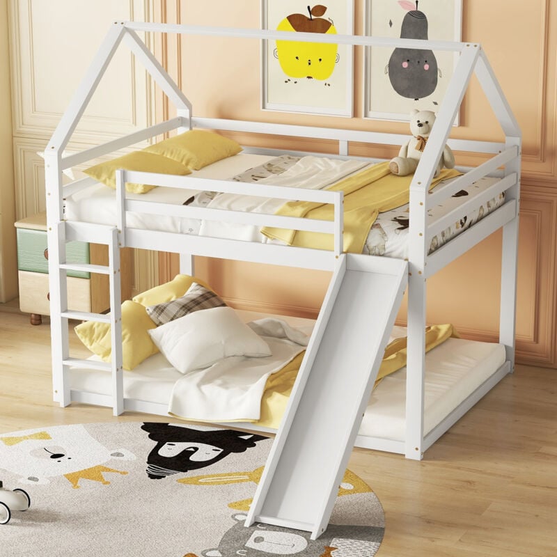 Okwish - Lit double lit enfant lit maison lit superposé avec toboggan et échelle, chambre d'enfant lit superposé double haut, blanc, 140x200cm