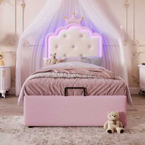 Lit simple Lit princesse-Eclairage LED-Télécommande-Tête de lit-Rangement hydraulique-PU-Rose-94x203x134cm-Sans Matelas