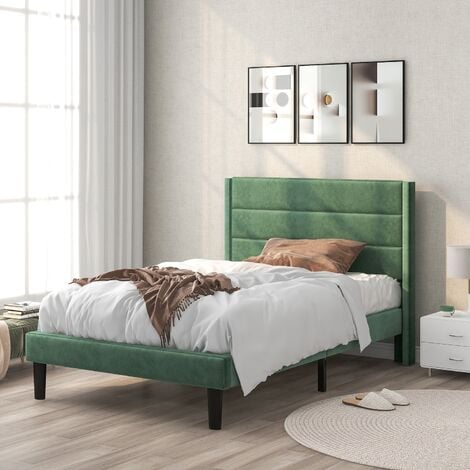lit simple Lit rembourré 90 x 200 cm, cadre de lit avec sommier à lattes et tête de lit, lit double rembourré, revêtement en tissu velours vert foncé, design moderne intemporel, lit d'adolescent