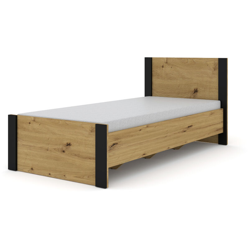 Lit simple MONDI 90x200 cm chêne artisanal / noir mat