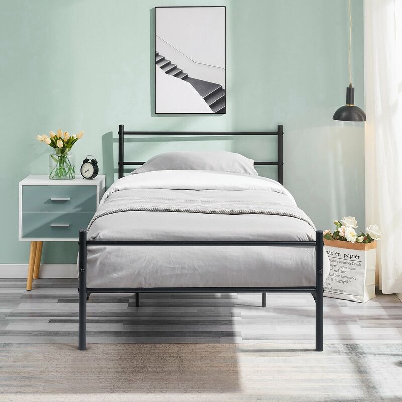 Lit simple pour adulte 90x190cm contemporain en métal-Simple 1 place Cadre de Structure Métallique élégant -Noir