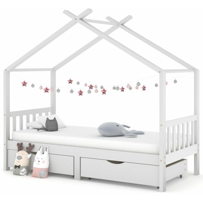 Bonnevie - Lit simple pour adulte - Cadre de lit avec tiroirs Blanc Pin massif 90x200 cm BV475483