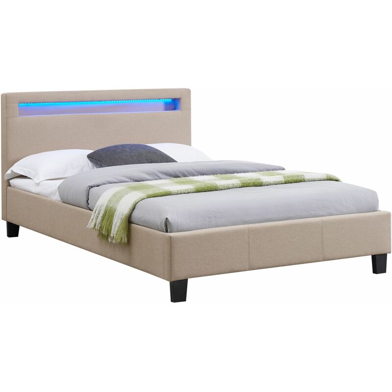 Idimex - Lit led simple 120x190 cm avec sommier, tête de lit confortable, lit 1 place revêtement en tissu beige, marisela - Beige