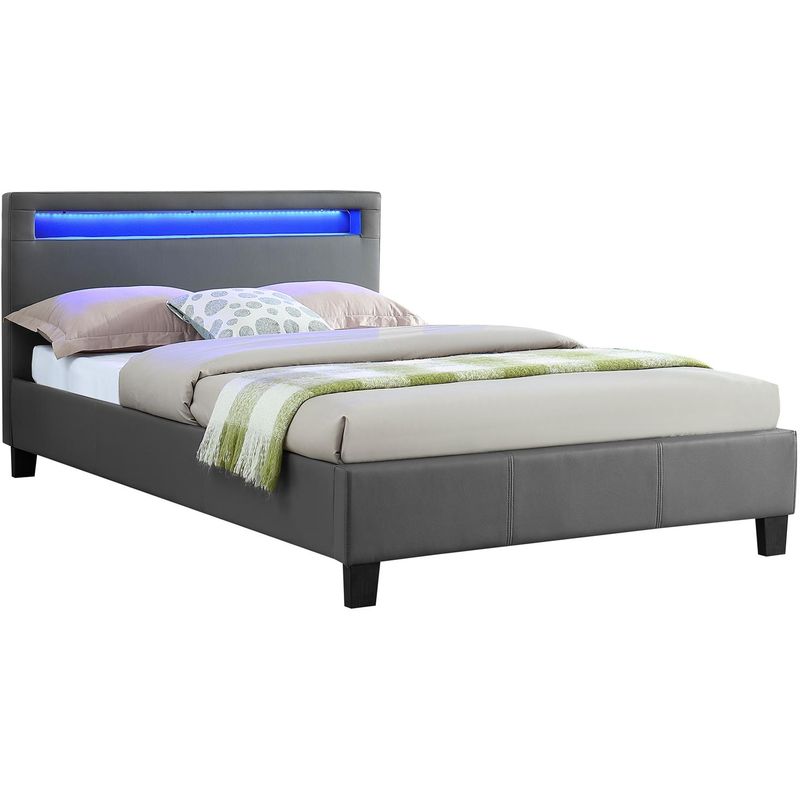 Idimex - Lit led simple 120x190 cm avec sommier, tête de lit confortable, lit 1 place revêtement synthétique gris, mirando - Gris