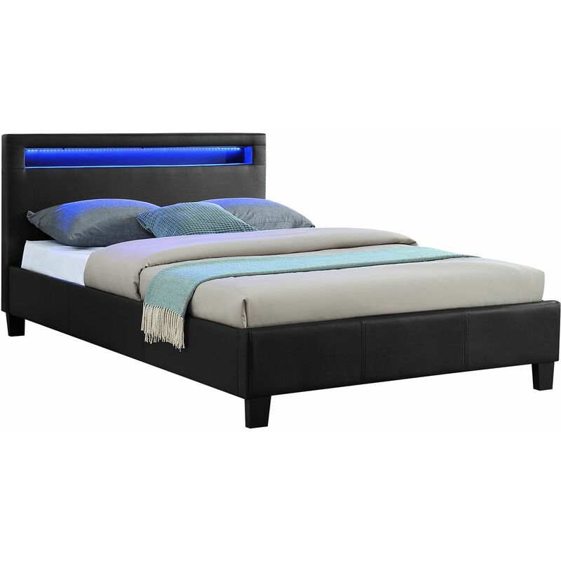 Idimex - Lit led simple 120x190 cm avec sommier, tête de lit confortable, lit 1 place revêtement synthétique noir, mirando - Noir