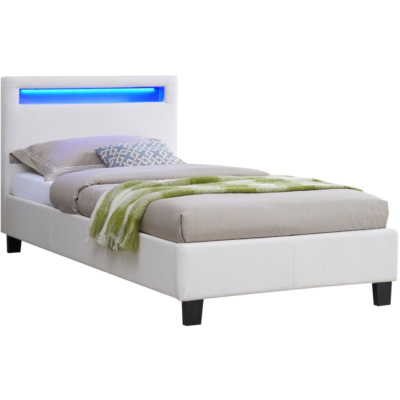 Lit led simple 90x190 cm avec sommier, tête de lit confortable, lit 1 place revêtement synthétique blanc, luceno - Blanc