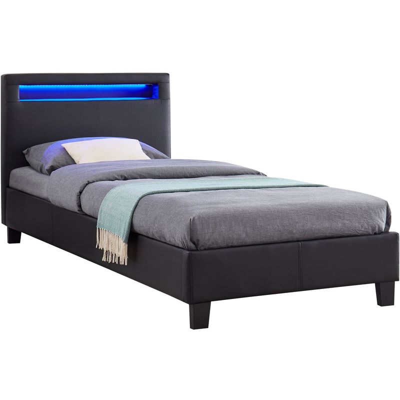 Lit led simple 90x190 cm avec sommier, tête de lit confortable, lit 1 place revêtement synthétique noir, luceno - Noir