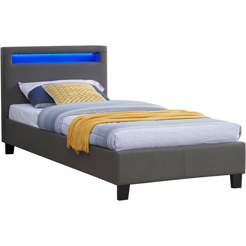 Lit led simple 90x190 cm avec sommier, tête de lit confortable, lit 1 place revêtement synthétique gris, luceno - Gris