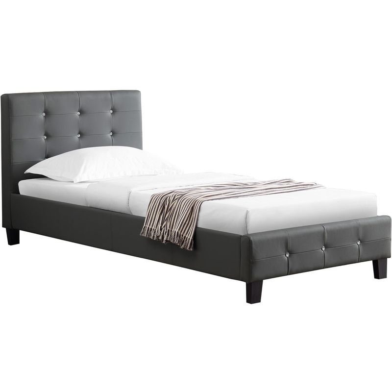 lit simple pour adulte ou enfant tico avec sommier 90x190 cm 1 place, tête et pied de lit capitonnés avec strass, synthétique gris - gris