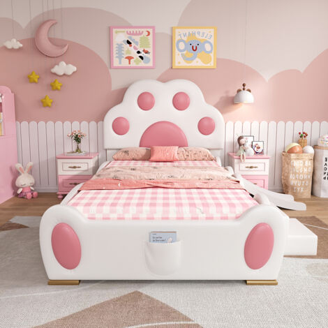 Lit simple pour enfant 90 x 200 cm, tête de lit en forme de patte de chat cartoon, équipé d'un toboggan et d'une échelle, blanc + rose.