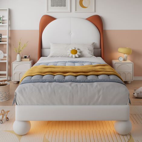 Lit simple pour enfant 90 x 200 cm, tête de lit en forme d'oreilles de chat, bande LED à couleur réglable, beige + brun clair.