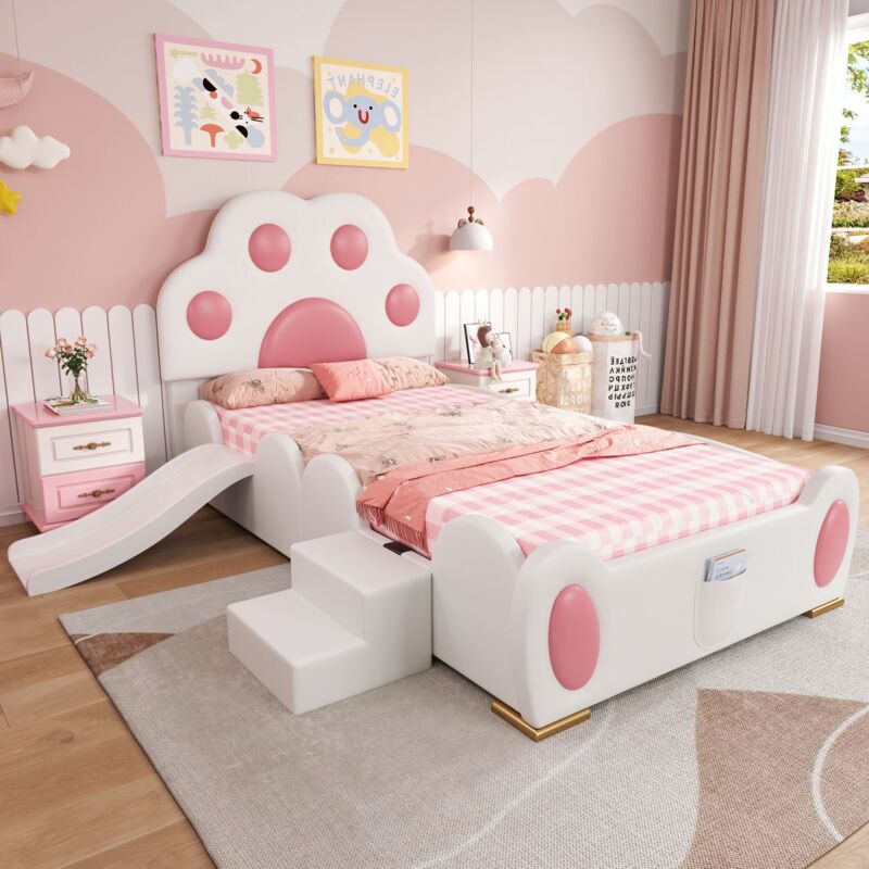 Lit simple pour enfant 90x200 cm, avec tête de lit en forme de patte de chat cartoon, sac de rangement, toboggan et échelle à deux marches, sommier à