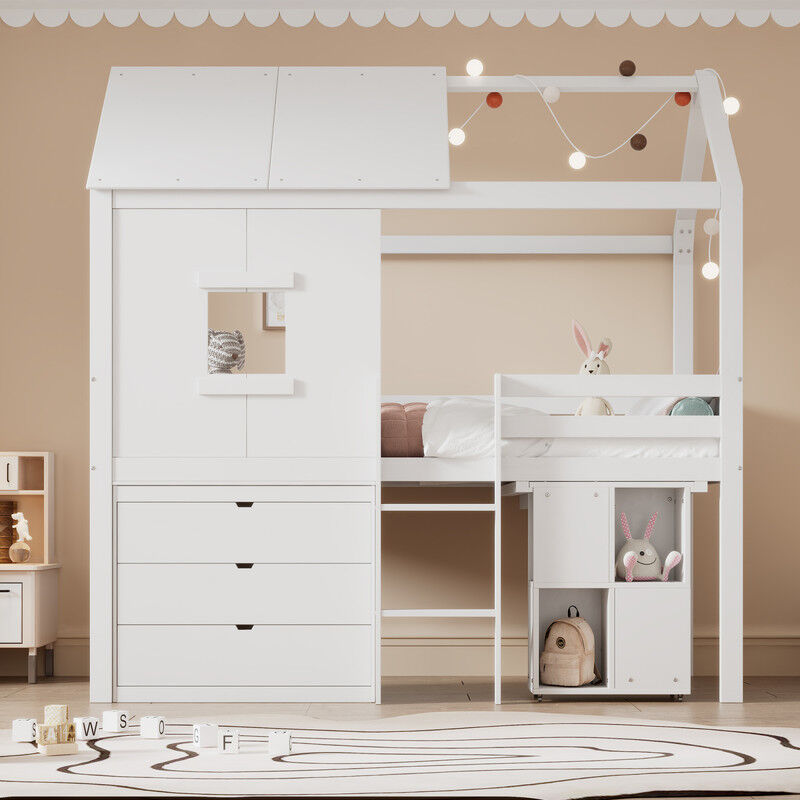 Lit simple pour enfant 90x200cm,lits superposés 90x200cm,le lit du chalet,lit bébé,forme de la maison,table extensible,avec 3 tiroirs, Blanc