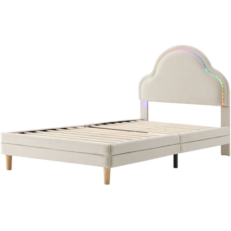 Lit simple pour enfant avec tête de lit en forme de nuage et bande led, velours, beige, 90x200 cm
