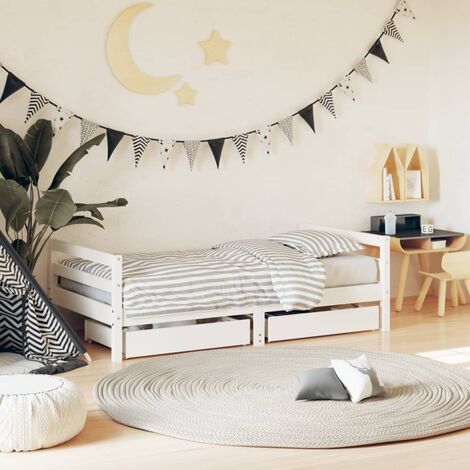 Lit simple pour enfant，Cadre de lit pour enfant，Structure de lit enfant tiroirs blanc 80x160cm bois pin massif CIV250714