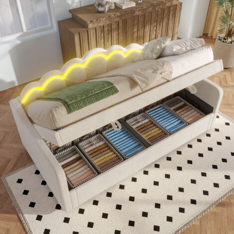 Lit simple rembourré 90x200 cm, canapé lit d'enfant, lit coffre avec éclairage LED et espace de rangement, en velours beige, sans matelas