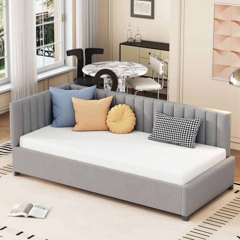Modernluxe - Lit simple rembourré 90x200 cm - tissu en velours - avec sommier à lattes - Gris